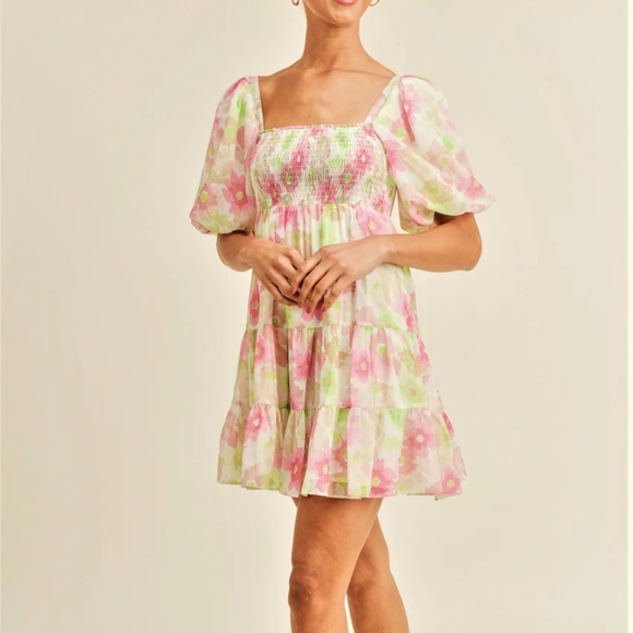 Josie Puff Sleeve Square Neck Floral Mini Dress - Picture 1 of 9